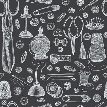 Seamless pattern with chalk hand-drawn vintage sewing tools Stock Illustration