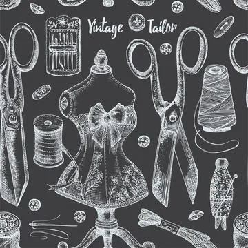 Seamless pattern with chalk hand-drawn vintage sewing tools Stock Illustration