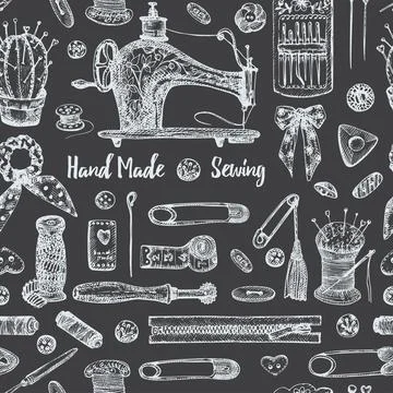 Seamless pattern with chalk hand-drawn vintage sewing tools Stock Illustration