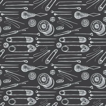 Seamless pattern with chalk hand-drawn vintage sewing tools Stock Illustration