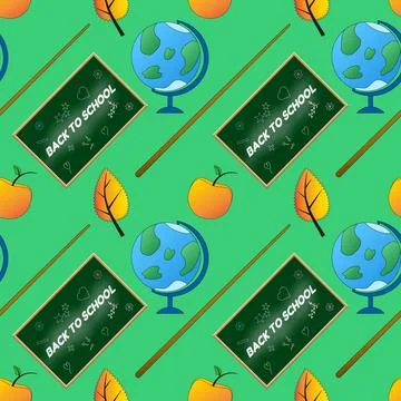Seamless pattern with chalkboards, globes, apples, autumn leaves and pointers Illustrazione stock