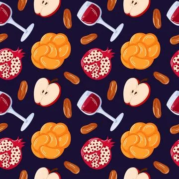 Seamless pattern with challah bread, apple, pomegranate, dates and wine glass Stock Illustration