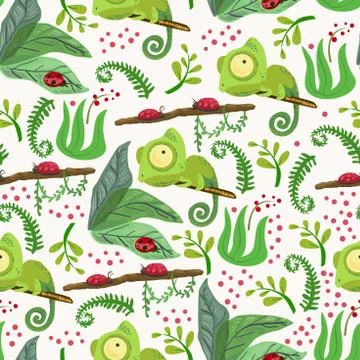 Seamless pattern with chameleon. Forest pattern vector background Stock Illustration