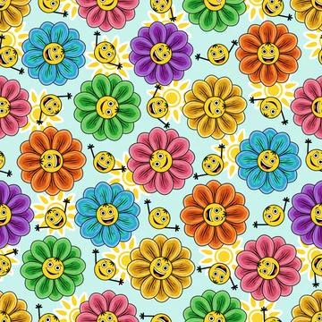 Seamless pattern with chamomile, daisy, sun icon Illustrazione stock