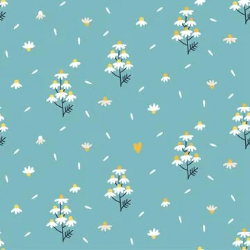 Seamless pattern of chamomile flowers on green background. Flowering branch Stock Illustration