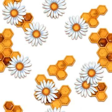 Seamless pattern with chamomiles and honeycombs Illustrazione stock