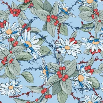 Seamless pattern with chamomiles, branches, berries, leaves. Texture for fabr Stock Illustration