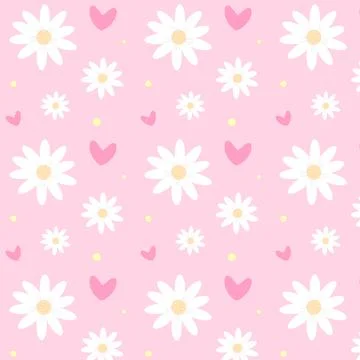 Seamless pattern with chamomiles, hearts and dots on pink background. Great f Stock Illustration