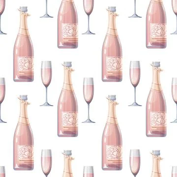Seamless pattern with champagne bottle and glass. Rose sparkling wine. Textur Stock Illustration