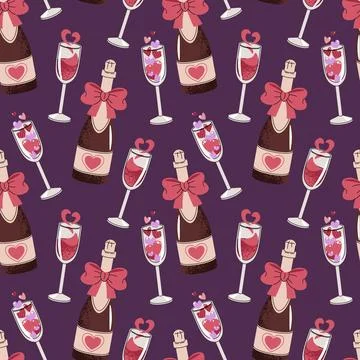Seamless Pattern With Champagne Bottle, Flutes And Hearts In Flat Style. Ce.. Stock Illustration