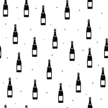 Seamless pattern of champagne or wine bottles in flat style on a white backgr Stock Illustration