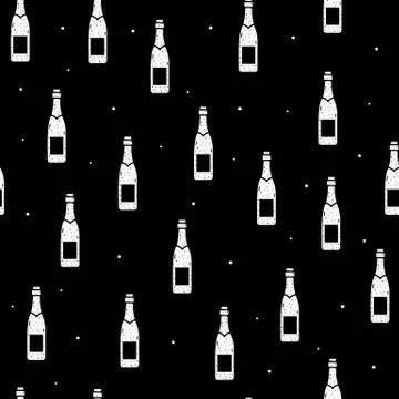 Seamless pattern of champagne or wine bottles in flat style on a black backgr Stock Illustration