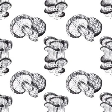 Seamless pattern of champignons and oyster mushrooms, hand drawn with ink pen Stock Illustration