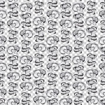 Seamless pattern of champignons and oyster mushrooms, hand drawn with ink pen Stock Illustration