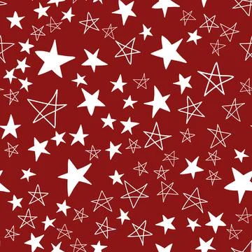 Seamless pattern, chaotically scattered stars, red maroon white design with s Stock Illustration