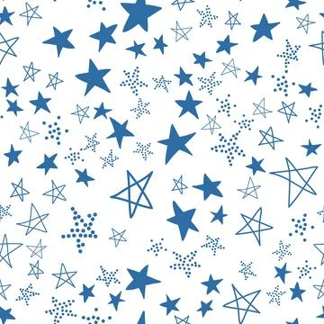Seamless pattern, chaotically scattered stars, blue white design vector illus Stock Illustration