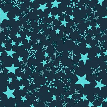 Seamless pattern, chaotically scattered stars, blue cyan design vector illust Illustrazione stock