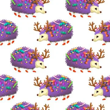Seamless pattern with the character a hedgehog with horns of a deer and candies Stock Illustration