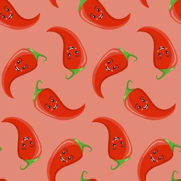 Seamless pattern, character smiling red chili pepper jalapeno Stock Illustration