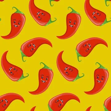 Seamless pattern, character smiling red chili pepper jalapeno, illustration f Stock Illustration