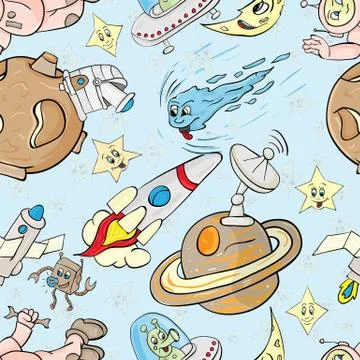 Seamless pattern with the characters on the space theme blue background Illustrazione stock