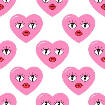 Seamless pattern, characters, weird hearts, love and valentine's day Stock Illustration