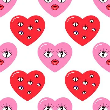 Seamless pattern, characters, weird hearts, love and valentine's day Stock Illustration