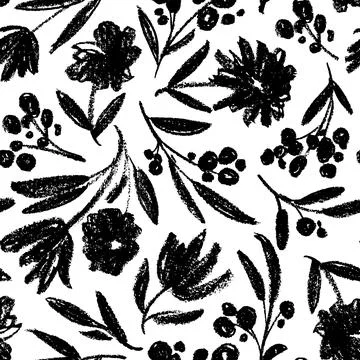 Seamless pattern with charcoal flowers and branch Stock Illustration