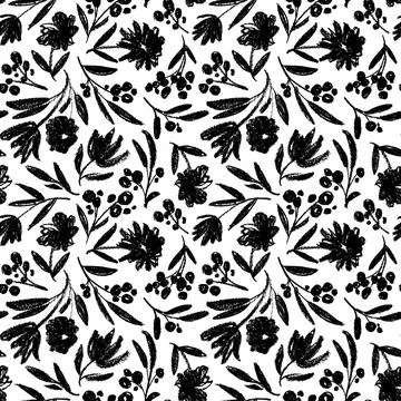Seamless pattern with charcoal flowers and branch Stock Illustration