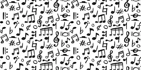 Seamless pattern of charcoal scribble music notes. Handwritten black pop doodles Stock Illustration