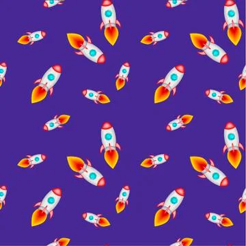 Seamless pattern. Charming bright rockets against the dark blue background .. Stock Illustration