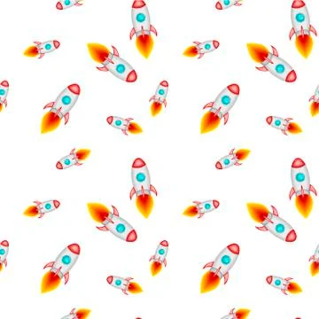 Seamless pattern. Charming bright rockets against the dark blue background .. Stock Illustration