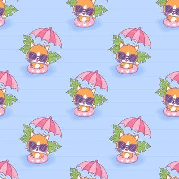 Seamless pattern with charming cat in sunglasses with cocktail swims in rub.. Stock Illustration