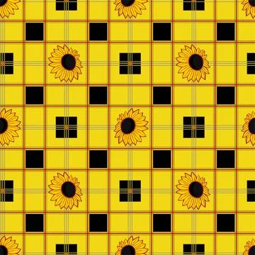 Seamless pattern with a check pattern and a sunflower flower Stock Illustration