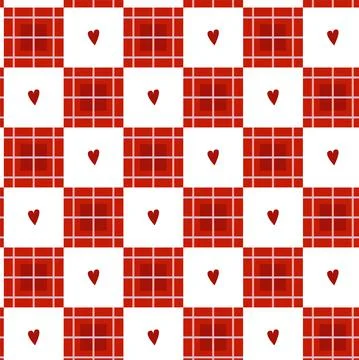 Seamless pattern checkered pattern and red hearts Stock Illustration