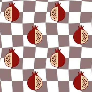 Seamless pattern with checkers and pomegranates. Retro Groovy Background.60's Stock Illustration