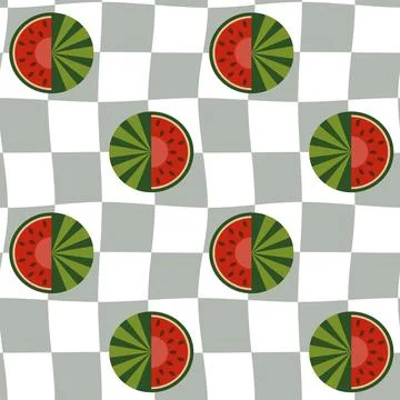 Seamless pattern with checkers and watermelons. Retro Groovy Background.60'.. Illustrazione stock