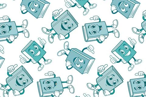 Seamless pattern, cheerful books, turquoise. Cartoon books thumbs up Stock Illustration