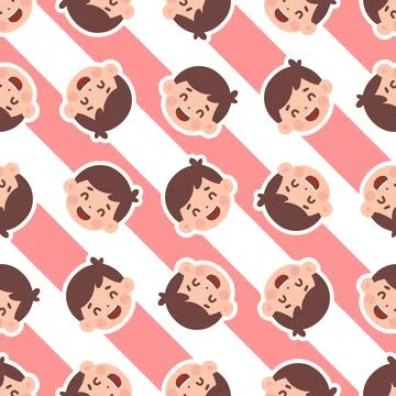 Seamless pattern of cheerful boy emoticon faces on pink and white diagonal .. Illustrazione stock