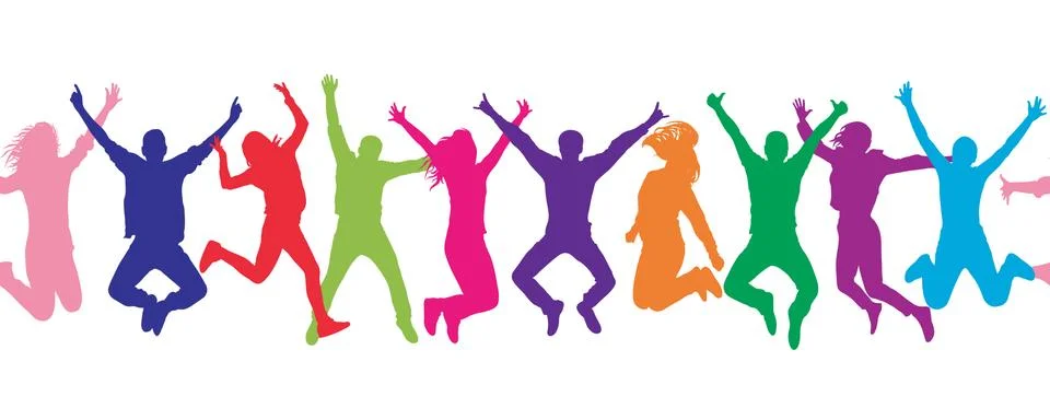 Seamless pattern. Cheerful crowd jumping people. Colorful. Stock Illustration
