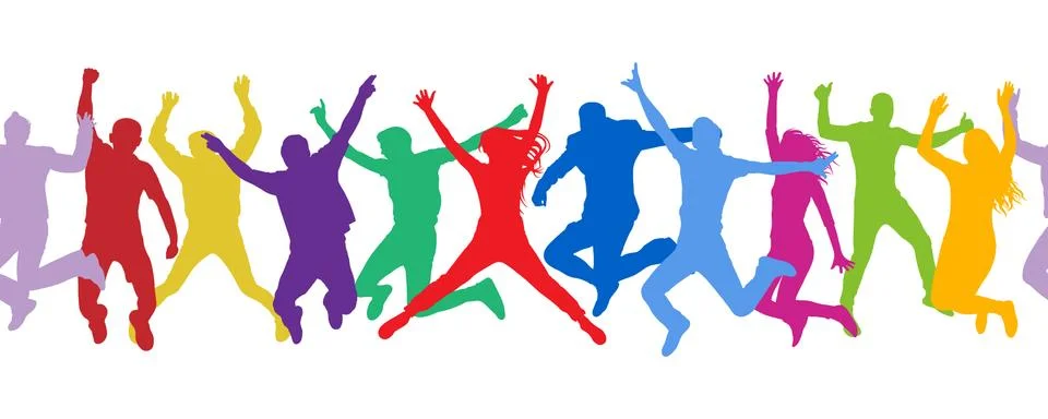 Seamless pattern. Cheerful crowd jumping people. Colorful. Illustrazione stock