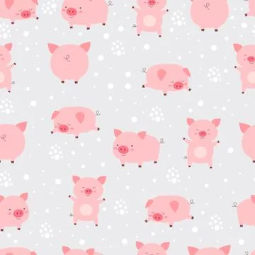 Seamless pattern cheerful cute little cute pigs in snow. Cartoon Stock Illustration