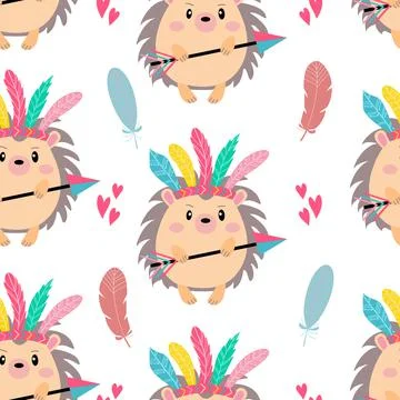 Seamless pattern with a cheerful hedgehog - indian Stock Illustration