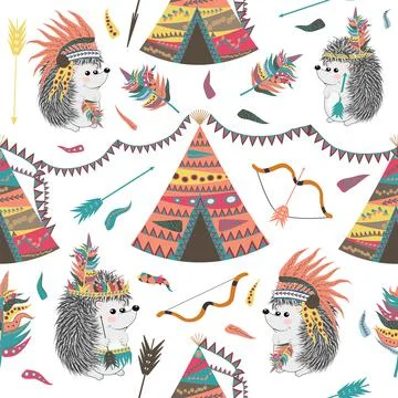 Seamless pattern with a cheerful hedgehog - indian Illustrazione stock