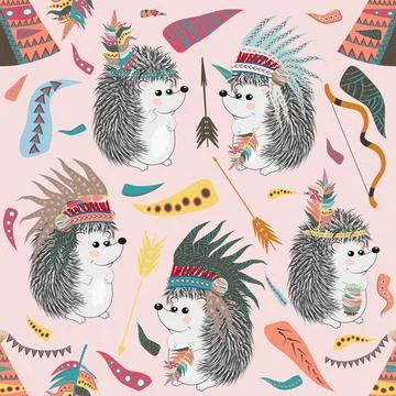 Seamless pattern with a cheerful hedgehog - indian 스톡 일러스트