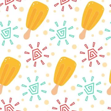 Seamless pattern with cheerful ice cream popsicle with colorful confetti Stock Illustration