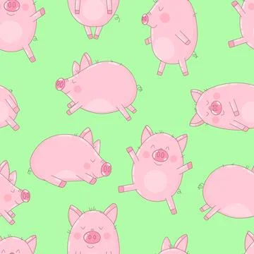 Seamless pattern of cheerful pigs on an isolated green background. Vector ill Illustrazione stock