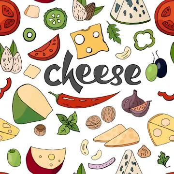 Seamless pattern with cheese and vegetables on white background. Different ch Stock Illustration