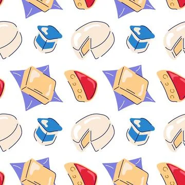 Seamless pattern of cheese pieces with holes, yogurt and butter in flat style Ilustración de archivo