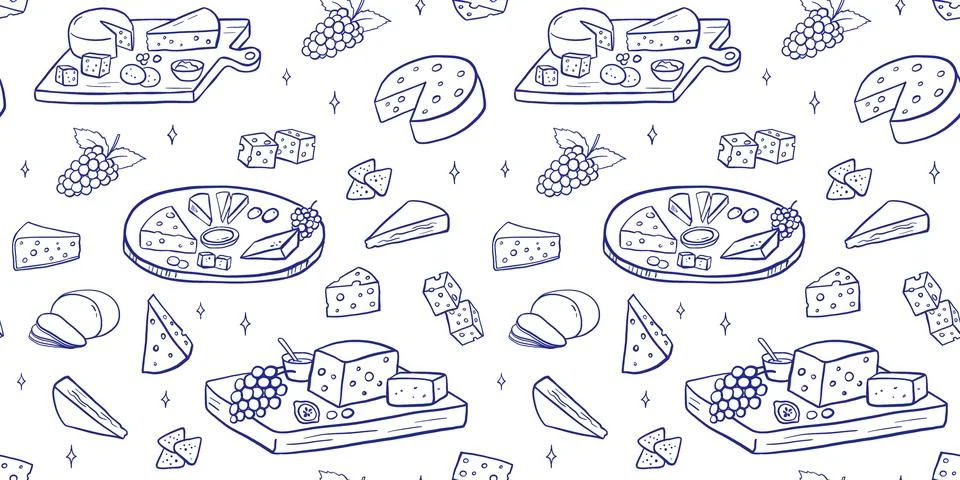 Seamless pattern with cheese platter in doodle style with various gourmet p.. Stock Illustration